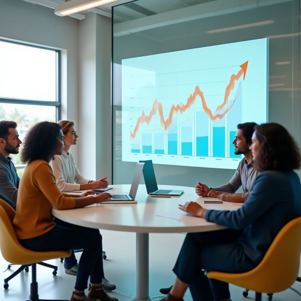 Equipo diverso de FinTech colaborando en una oficina moderna.