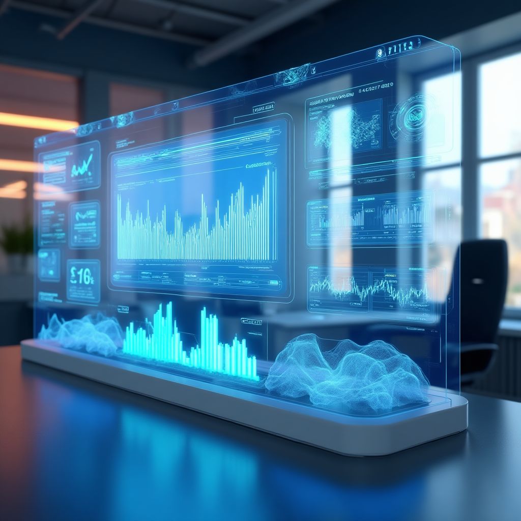 Interfaz de usuario futurista mostrando datos financieros.